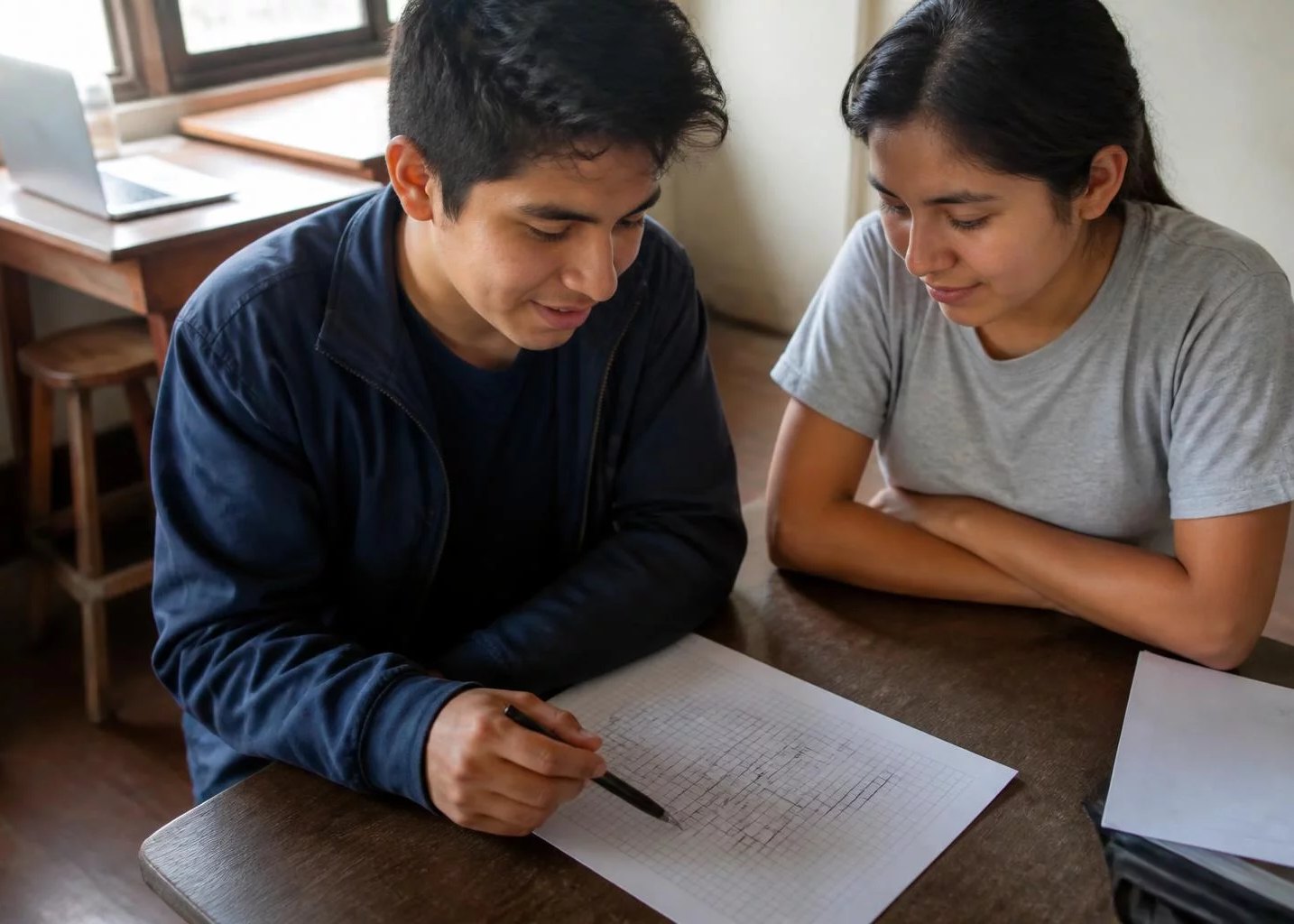 Escritorio visto desde arriba, con un esquema dibujado a mano