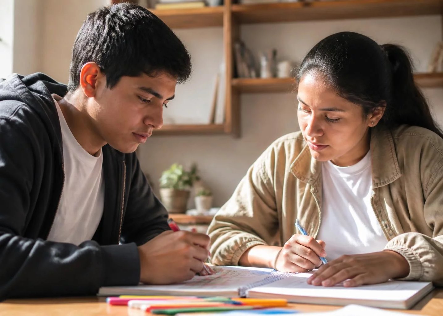 Dos participantes trabajando juntos con cuaderno y plumones