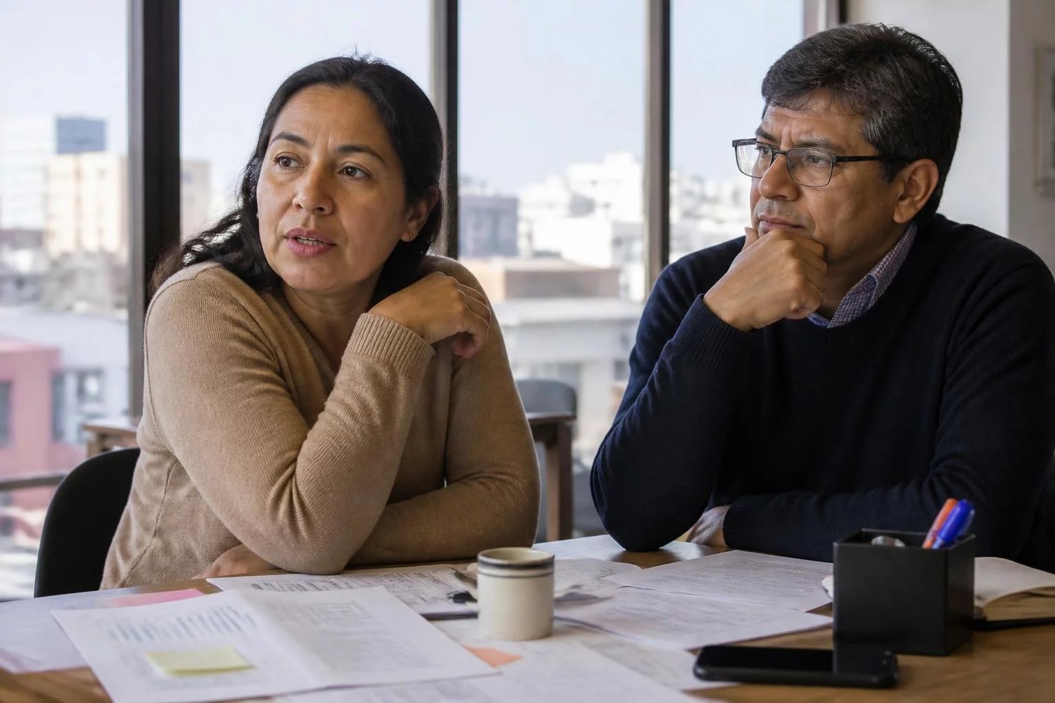 Dos participantes ante una mesa llena de hojas impresas