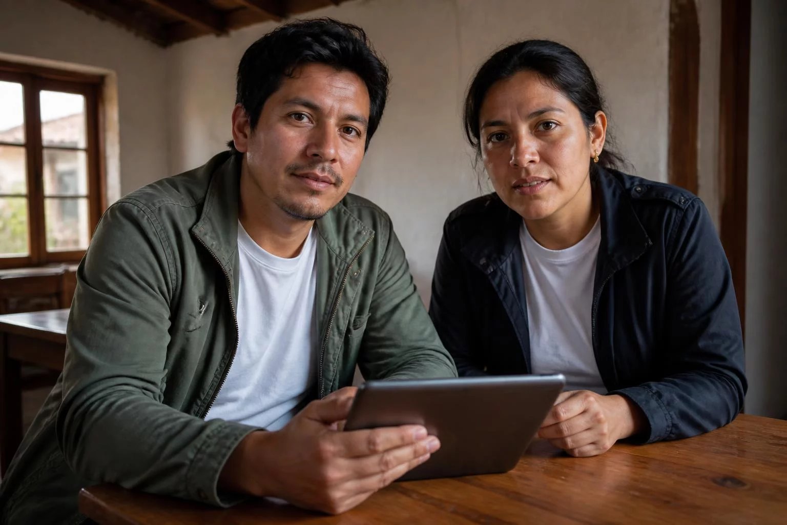 Dos personas revisando notas en una tablet sobre la mesa